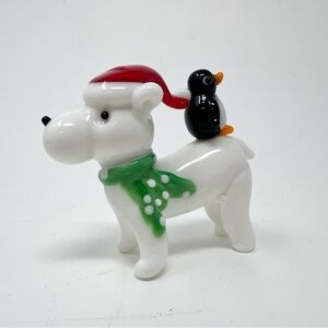 Pier 1 White Dog and Penguin Figurine Handblown Glass Opposites Attract Holiday